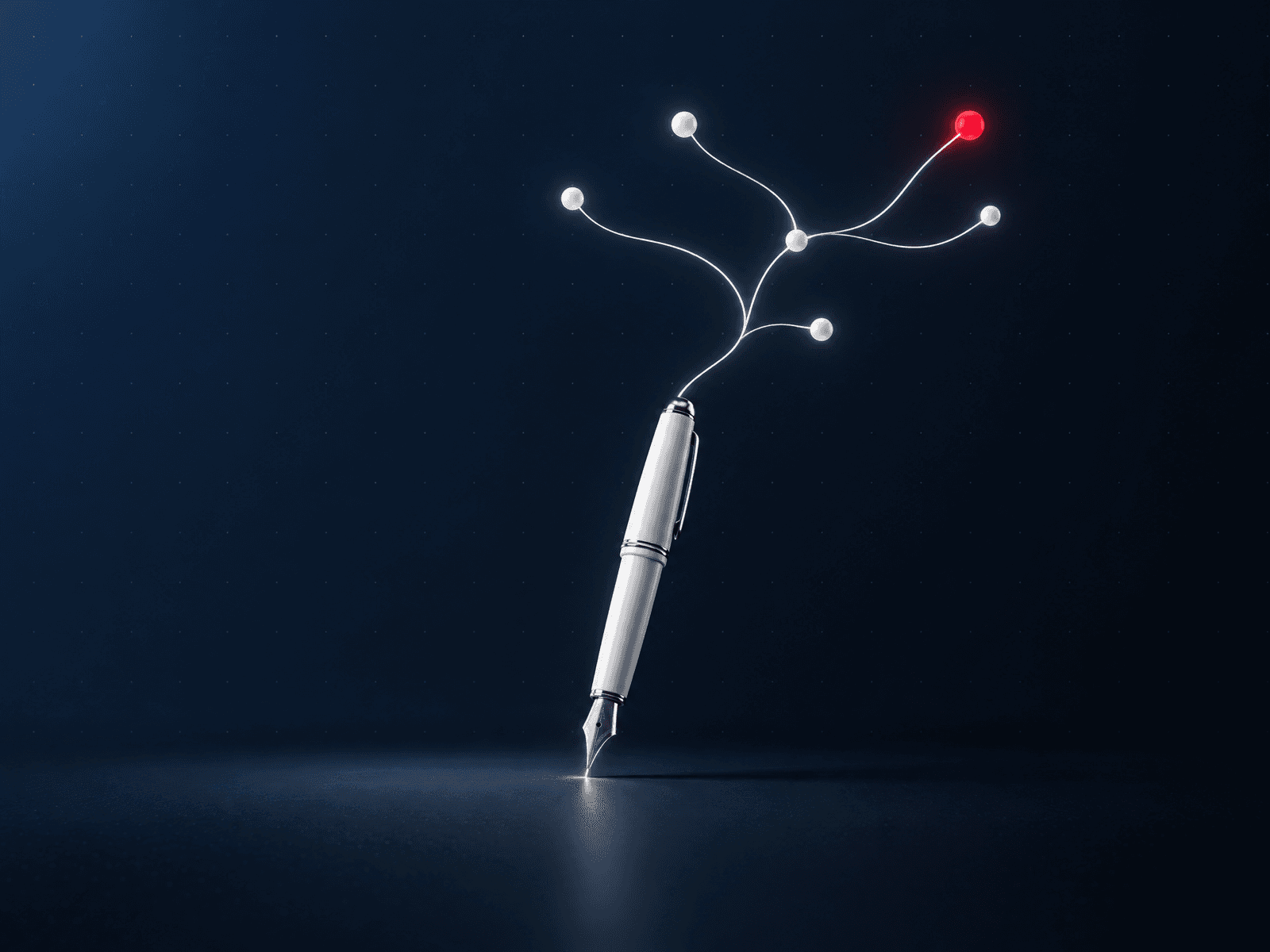 Fountain pen whose line branches into a small network of connected nodes with one red node