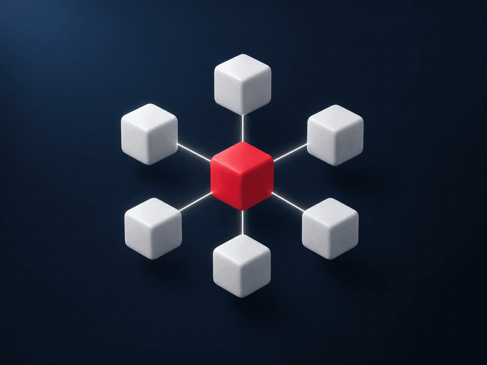Connected white modules linked by glowing lines to a central red module