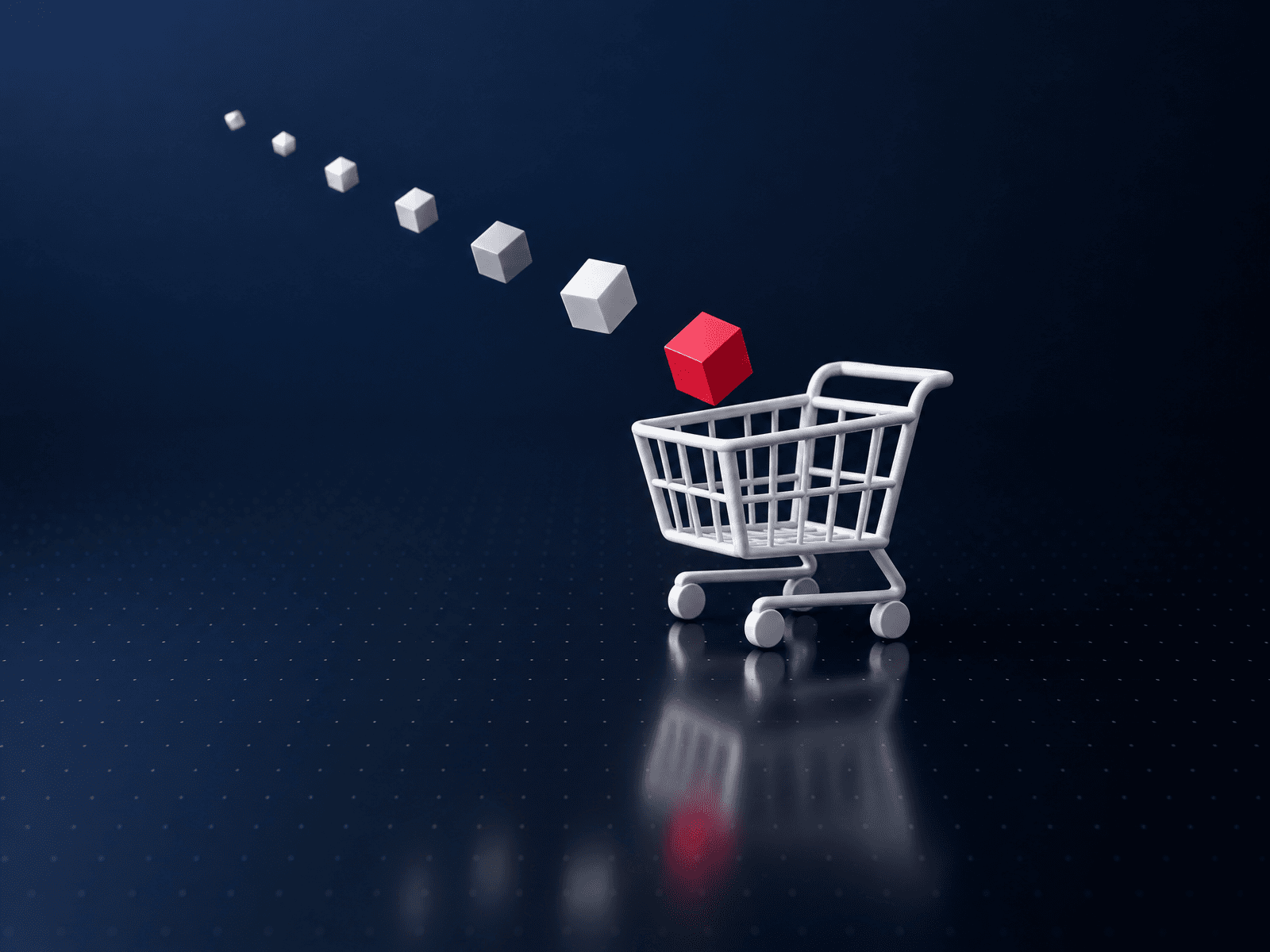 Minimal white shopping cart with a trail of cubes leading in and one red cube dropping inside
