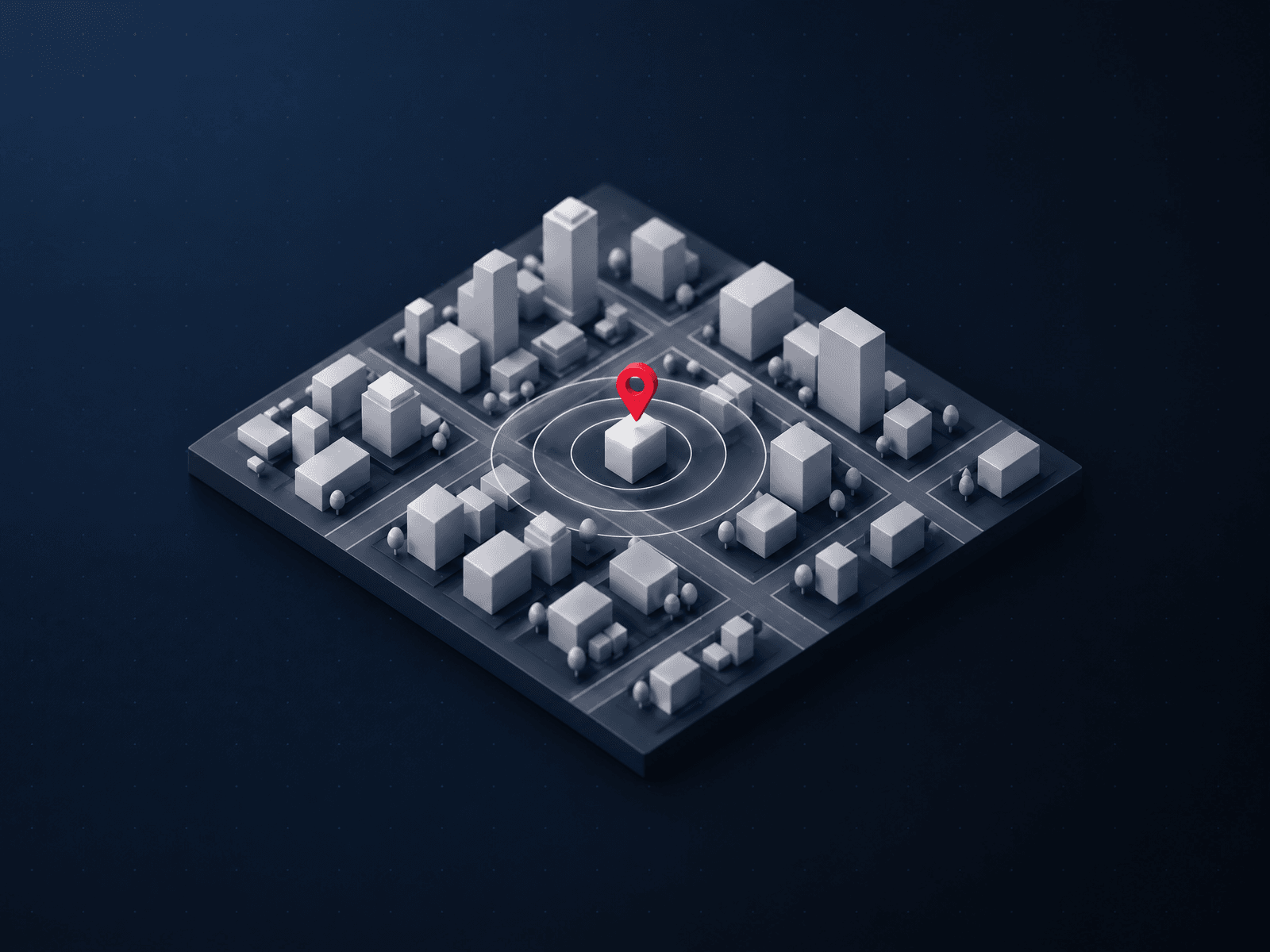 Miniature isometric city map with a red location pin above one building and rings spreading outward
