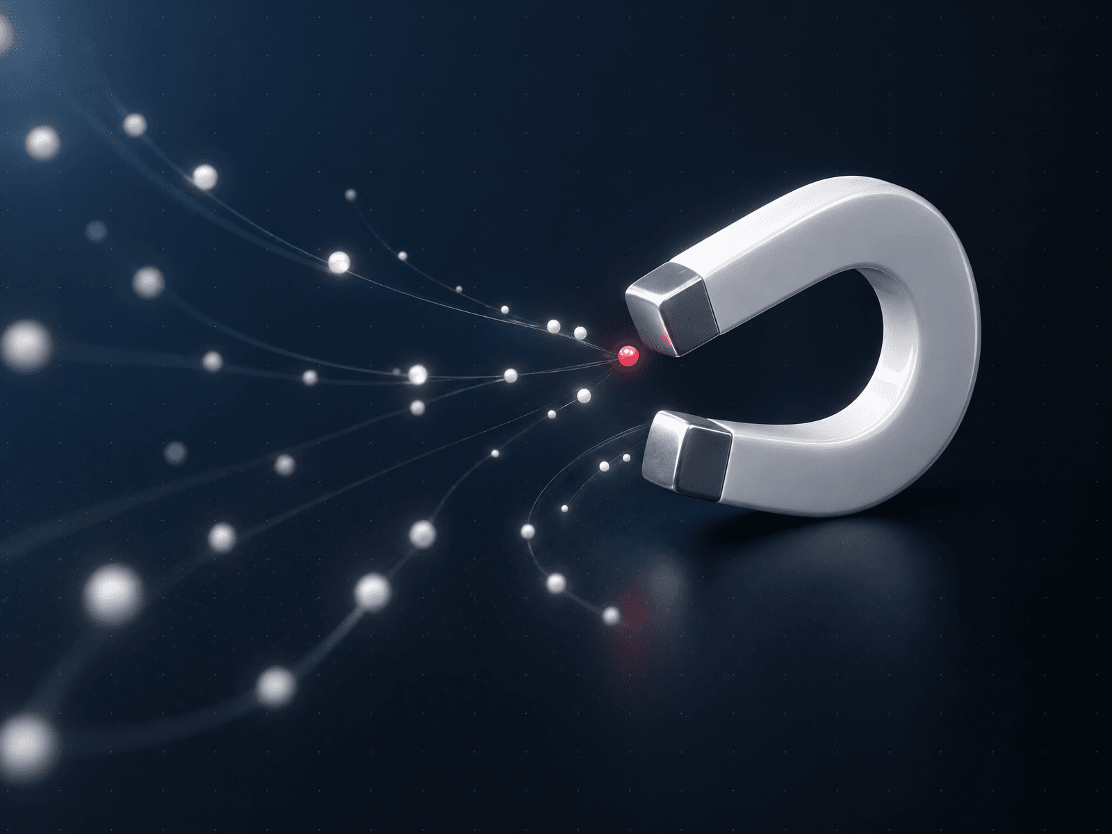 White horseshoe magnet pulling in glowing particles, one of them red