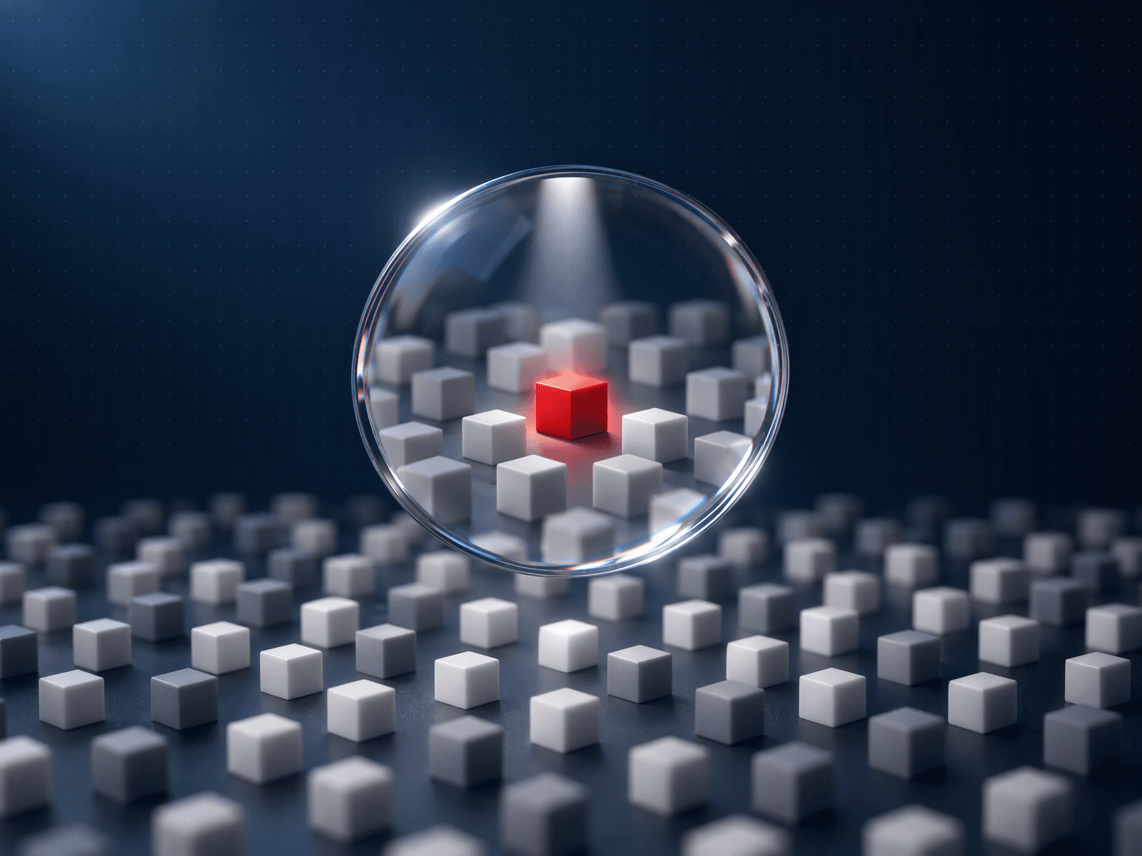 Glass magnifying lens focusing light on one glowing red cube among many dim white cubes