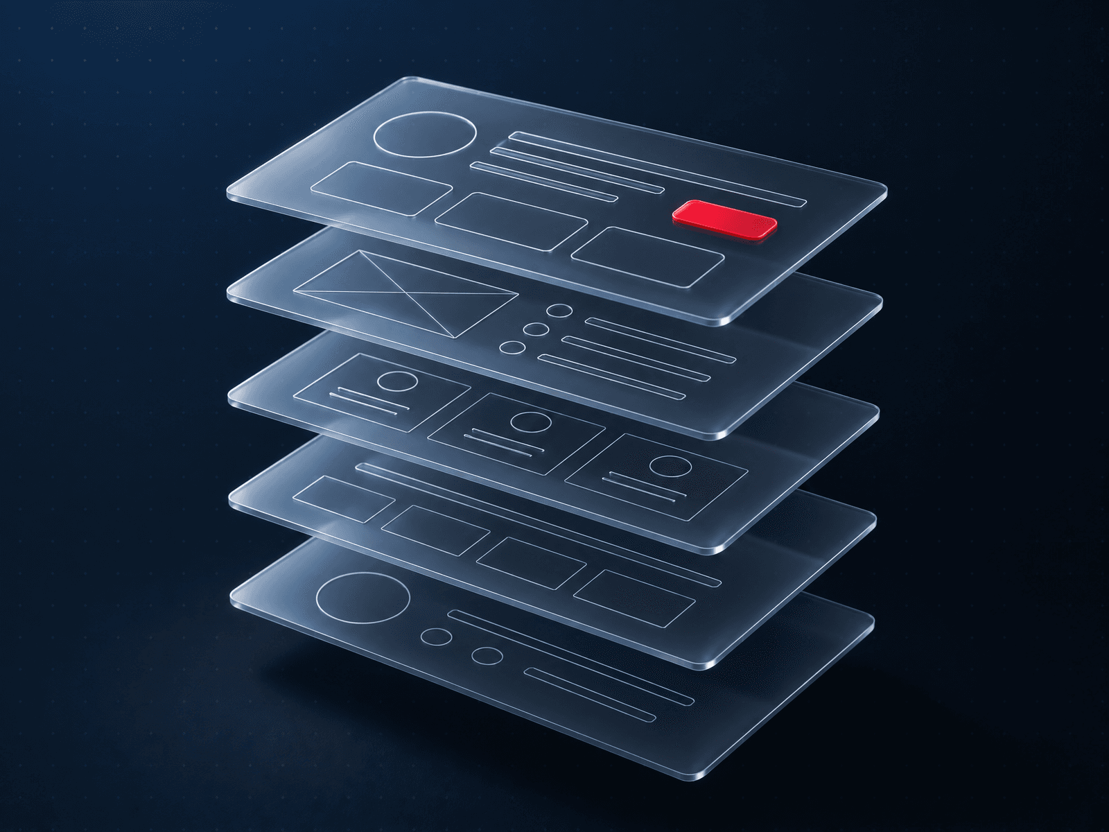 Stack of layered glass panels with abstract website wireframe shapes and a red button